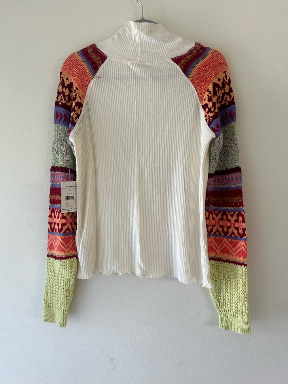 Free People Cream Cowl Neck Sweater with Colorful Patterned Sleeves - Picture 7 of 13